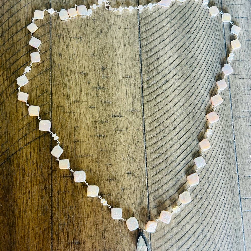 34" NECKLACE PEARL COLOR SQUARE PEARLS;  STERLING SILVER CRYSTAL CHARM; NEW - Picture 9 of 9